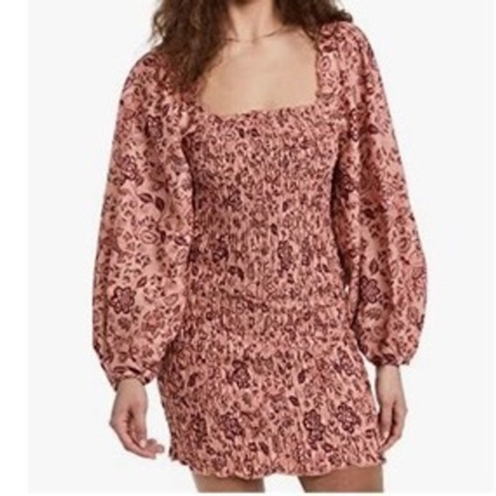 Free People Smocked Floral Mini Dress Puff Sleeve Open Back Cottagecore Boho M - Picture 6 of 6
